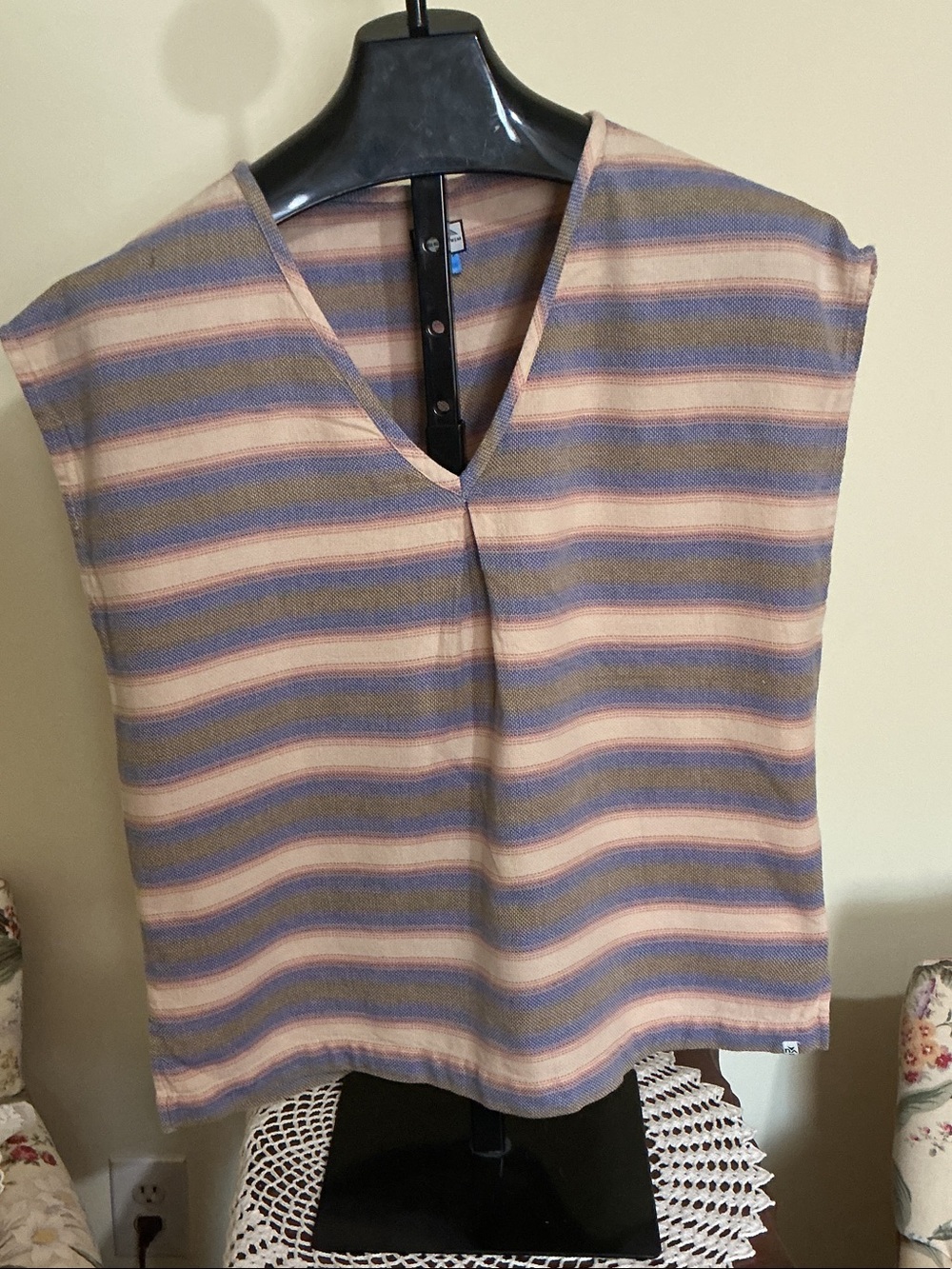 Striped V-Neck Sleeveless Top in Blueand Cream